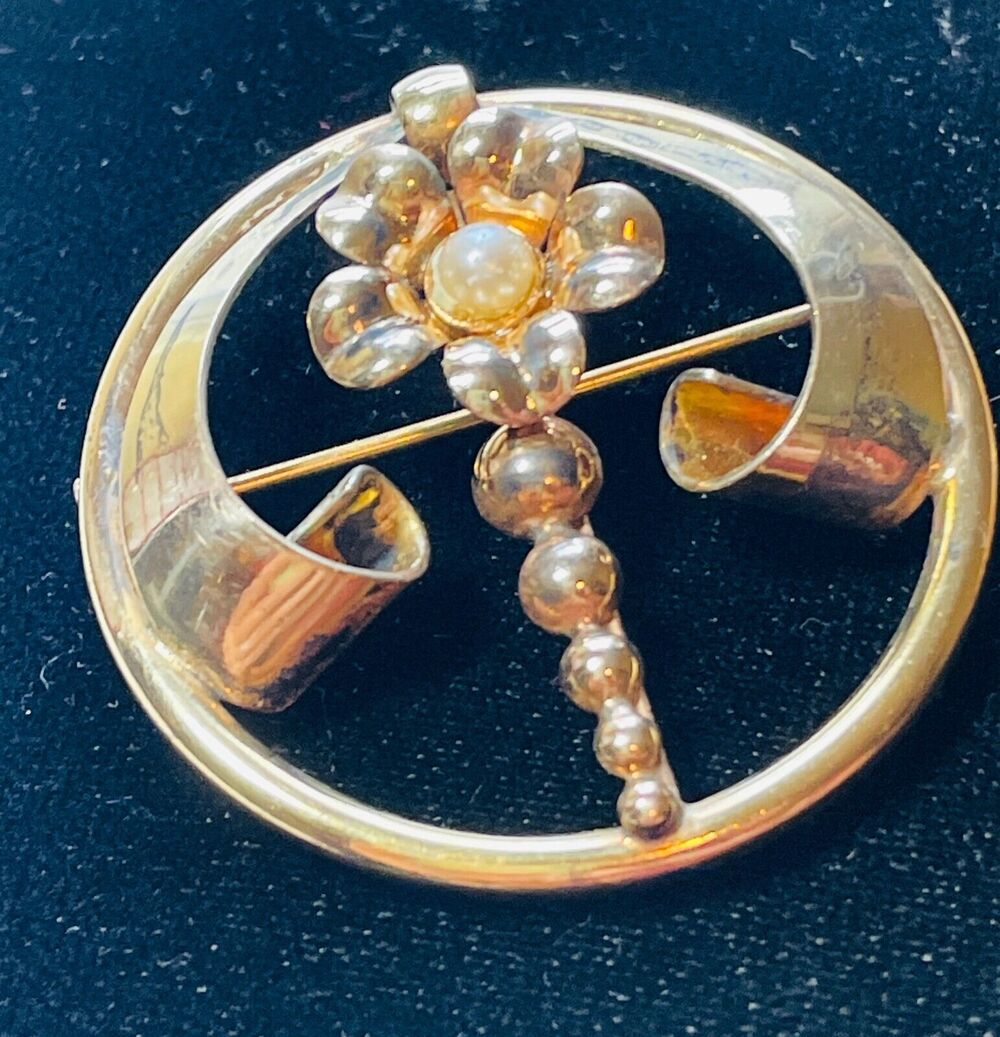 VTG Pin Art Deco 12K Yellow Gold Filled on Silver Faux Pearl Brooch A&Z Chain Co